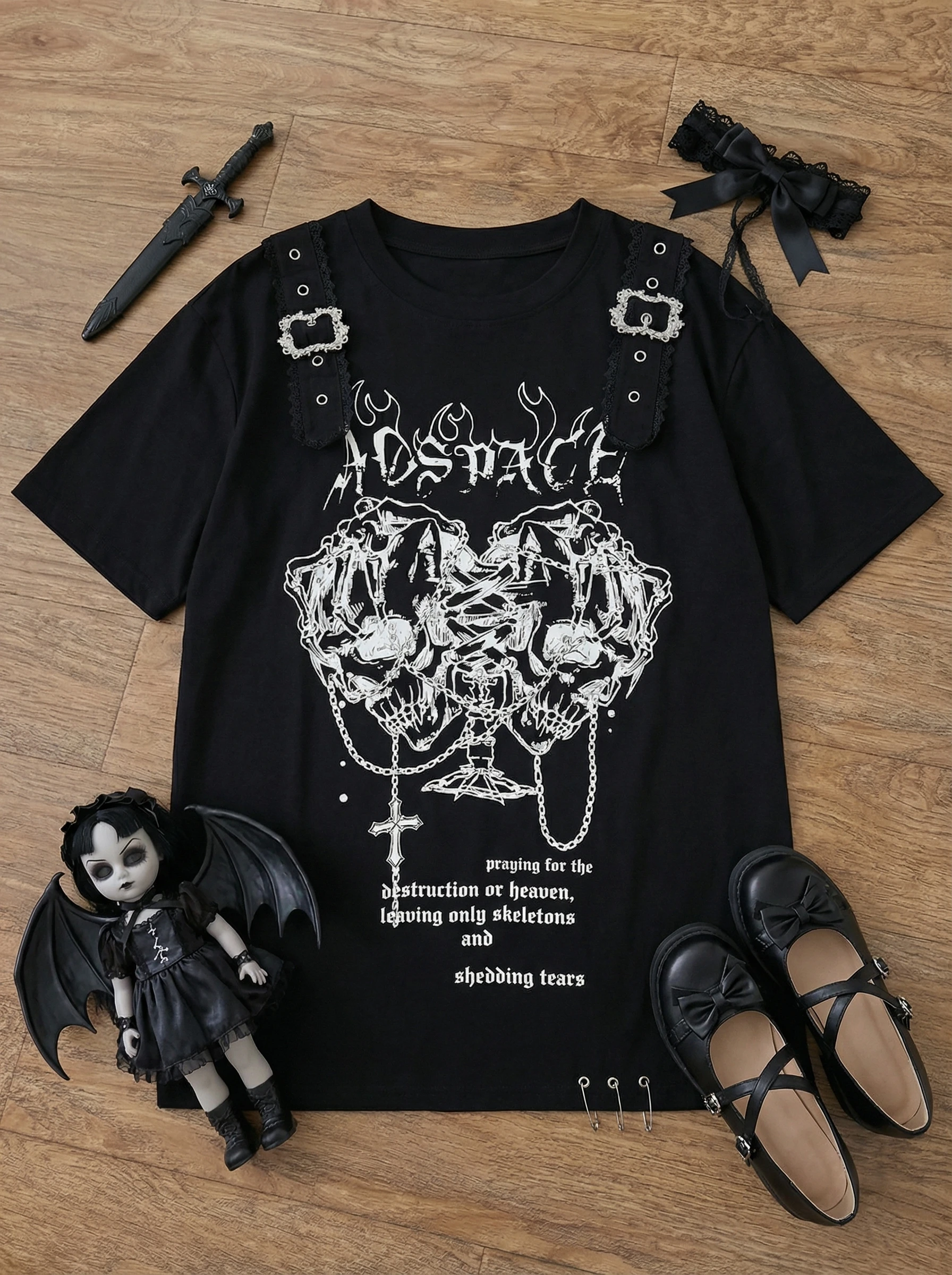 Yabi Hottie Gothic Dark Vintage Tops Subculture Y2k Print Short Sleeves Loose T-shirt Women Black Casual Clothes 2000s Chic Tees