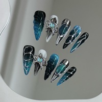 10pcs Handmade Press on Nails Gothic Punk Metal Silver Irregular Lines Fake Nail Tips Wearable Dark Blue Spice Girl False Nails