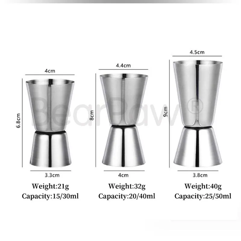 1pcs 15/30ml 20/40ml 25/50ml, Silver Double Jigger Size Cup Cocktail Drink Shaker, bar measuring,Bar Blending Tools