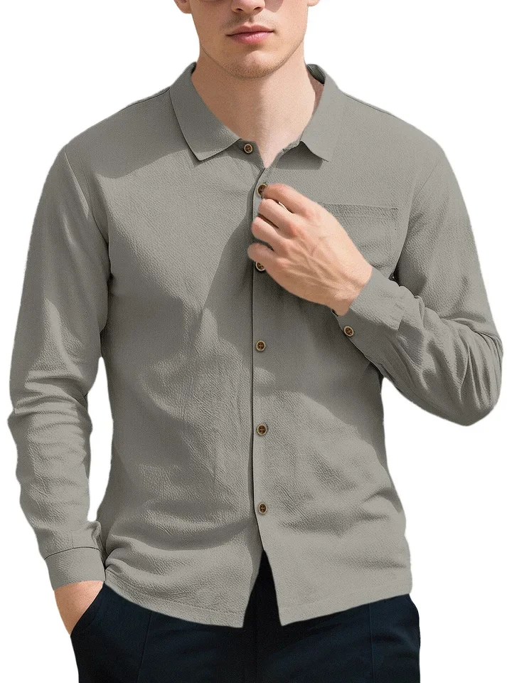 2025 Autumn New Fashion Men's Solid Color Linen Turn-down Collar Long Sleeve Casual Trendy Shirts Male Simple Basic Clothes Tops