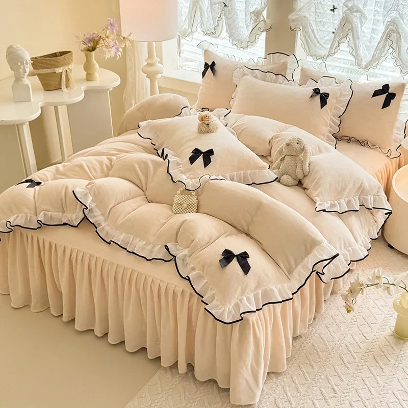 Bowknot Decor Milk Velvet Bed Four Piece Set with Lace Soft Duvet Cover Bed Skirt Kit Anti-Static Cozy Household Bedroom Bedding