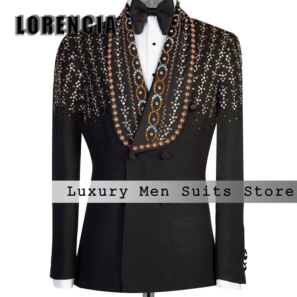 Rhinestone Crystal Men Suits Shawl Collar Double Breasted Wedding Party Tuxedos 2 Pcs Male Blazer Customized trajes para hombre