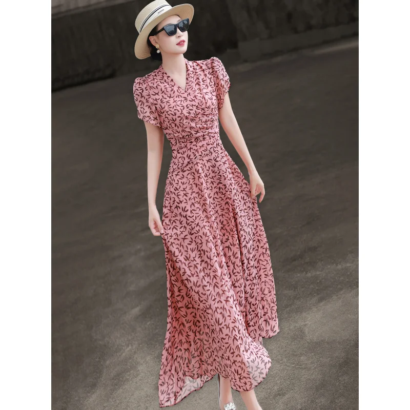MEXCOCO 2026 Summer French Elegant V Neck Puff Short Sleeve Leaf Print Ruched Waist Slim A Line Maxi Holiday Dress