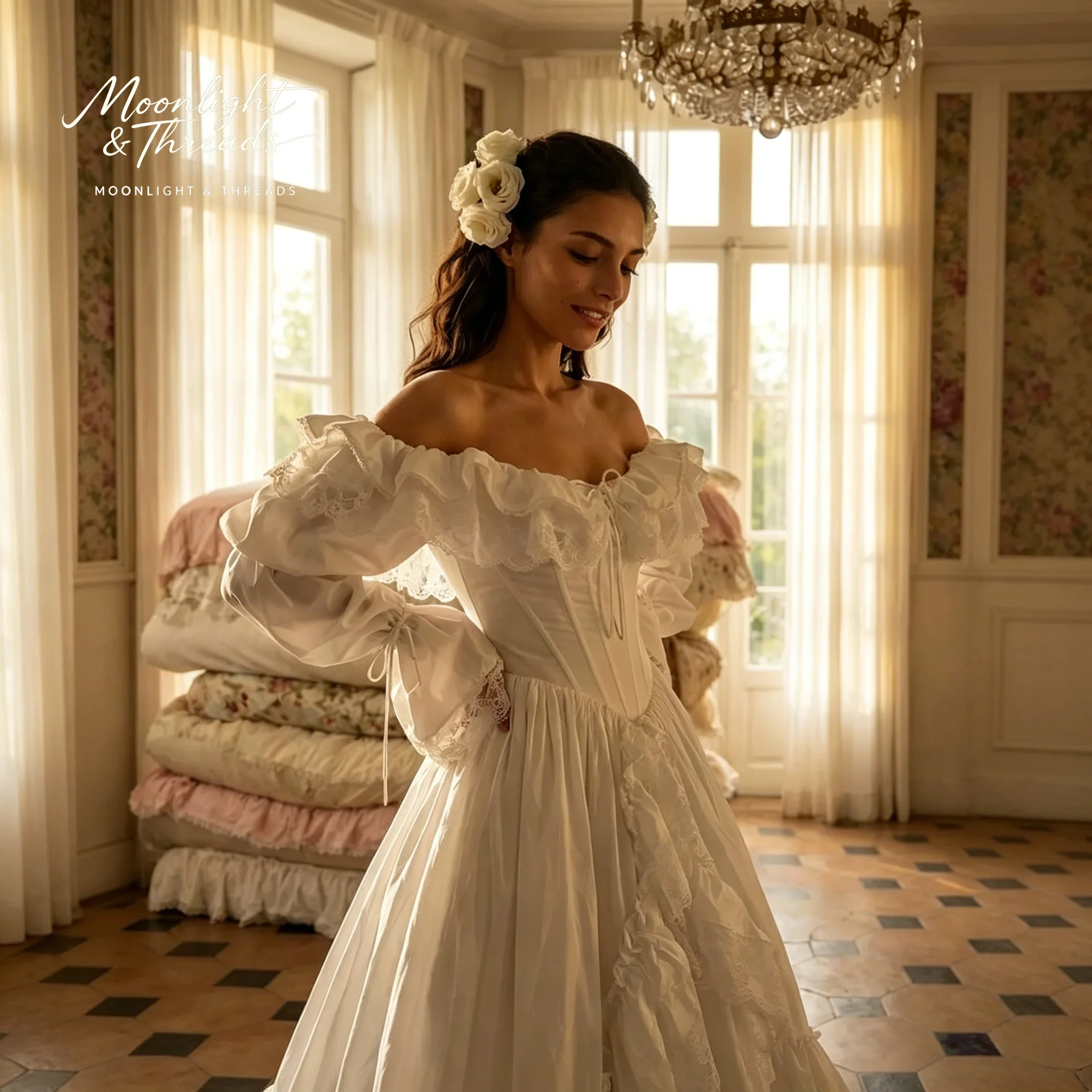 White off-shoulder strapless long-sleeved tulle dress formal occasion wedding dress layered skirt with lace embellishments
