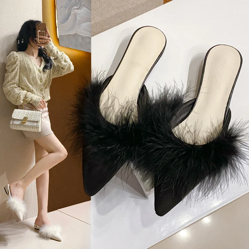

2026 Spring Autumn Plus Size Pointed Toe Furry Mules For Women Korean Style Lazy Slip On Closed Toe Outdoor Slippers