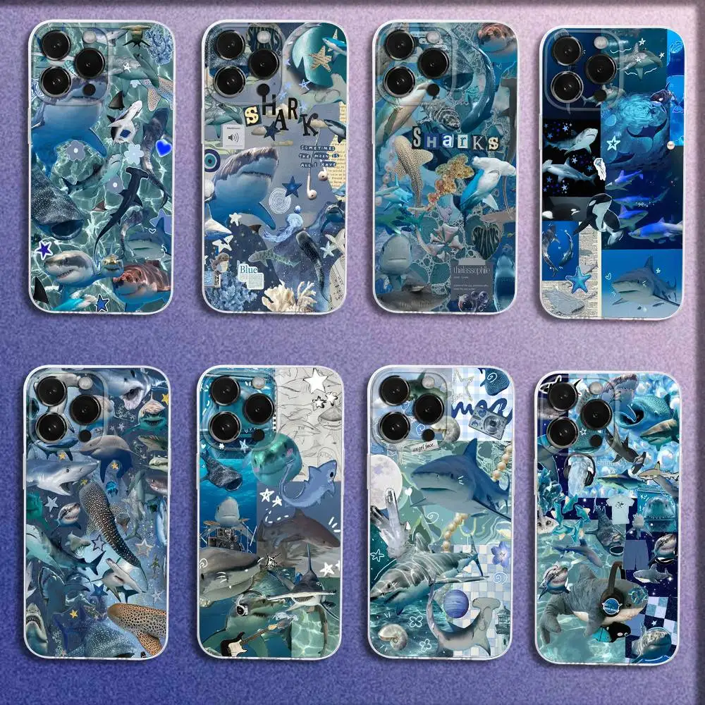 

Ocean Sea Shark Collage Phone Case For iPhone 16,15,14,13,12,11 Plus,Pro,Max,XR,XS,Plus,E,Mini Transparent Cover