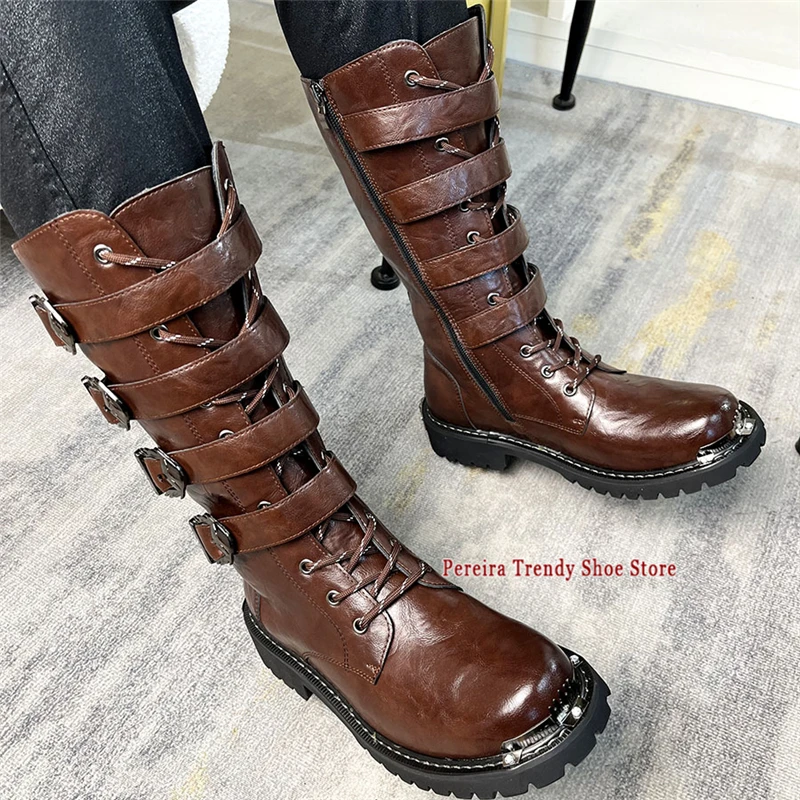 Retro Thick Soled Knight Boots Men's Metal Belt Buckle Motorcycle Boots Spring Autumn Solid Leather High Top Shoes Plus Size
