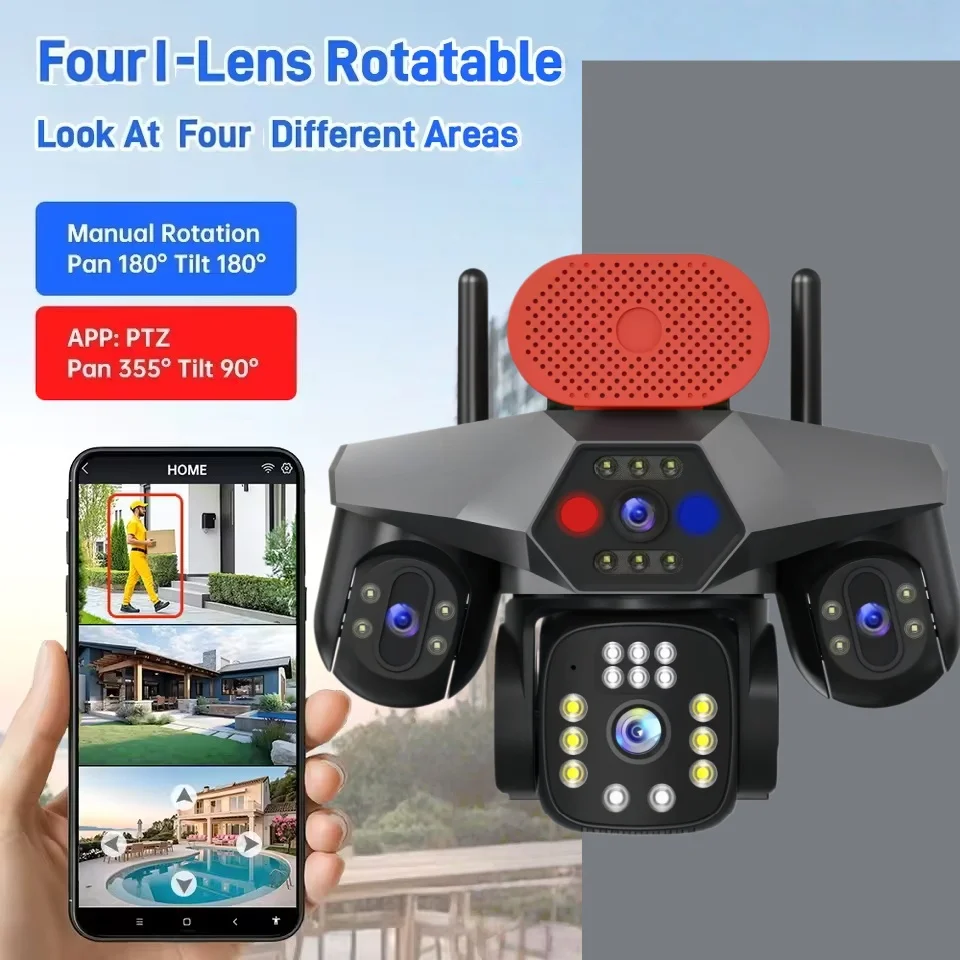 20MP 10K Outdoor WiFi Camera 4 Lens 360° PTZ 16X Zoom Wireless Surveillance 4 Screen Home Security IP CCTV Cam