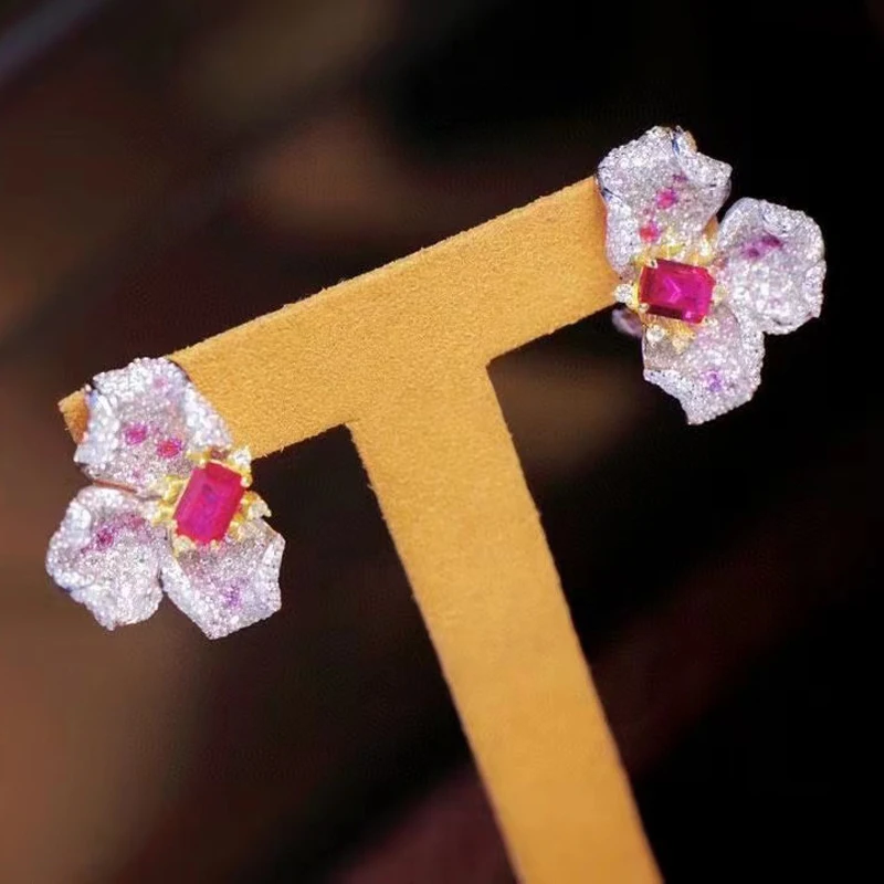 Flower Earring For Women Fine Jewelry 925Sterling Silver With Cubic Zirconia Elegant Wedding Party Colourful Romantic  Cute