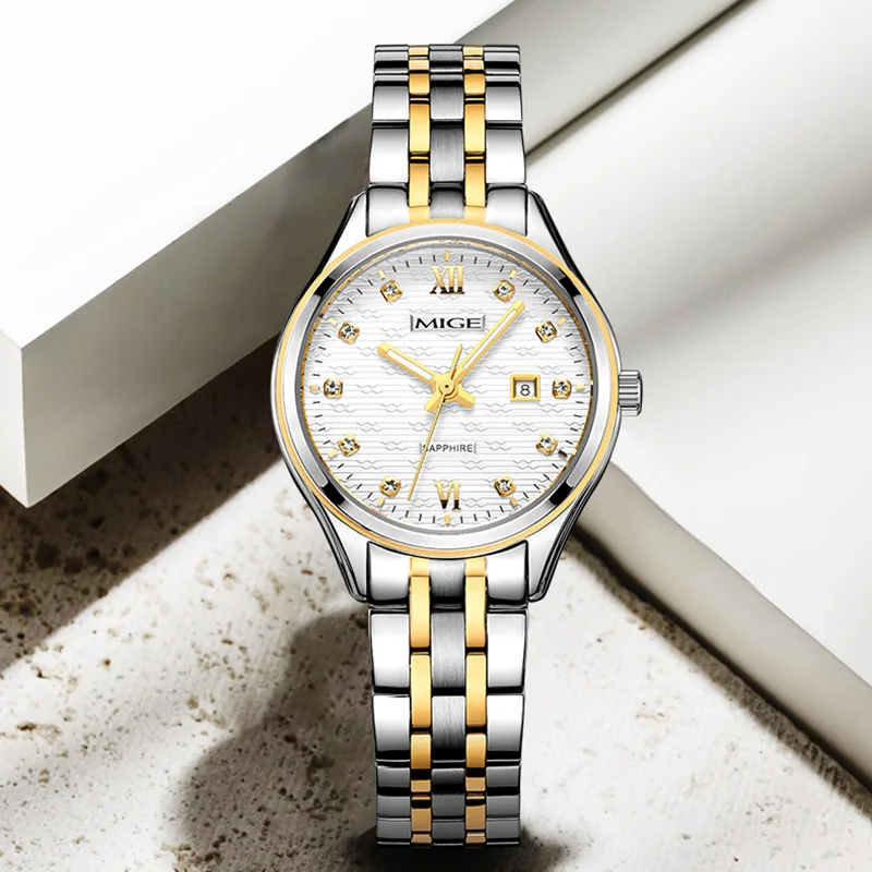 MIGE Elegant Ladies Mechanical Watch Two-tone Metal Bracelet Gold Dial Diamond Date Automatic Wrist Watch