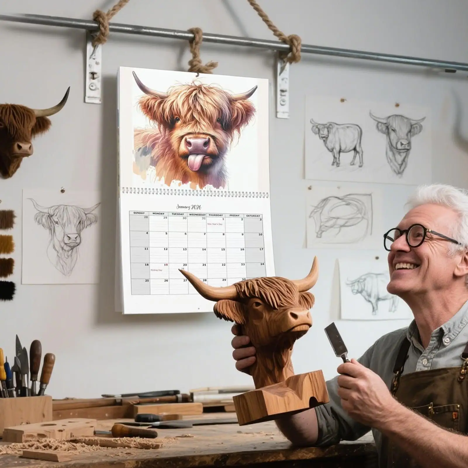 ปฏิทินติดผนังปี 2026 ลายวัวไฮแลนด์ตลกๆ ปฏิทินปี 2026 กระดาษหนา วางแผนรายเดือน ตกแต่งบ้านสไตล์ฟาร์มเฮาส์ สำหรับนักเรียน ครู วางแผนงาน