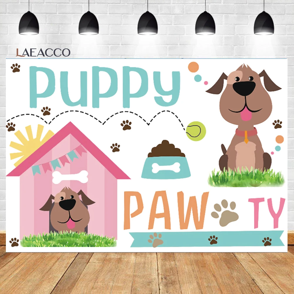 Laeacco Baby Birthday Party Background Cartoon Watercolor Cute Dogs Celebrate Child Portrait Customized Photographic Backdrops