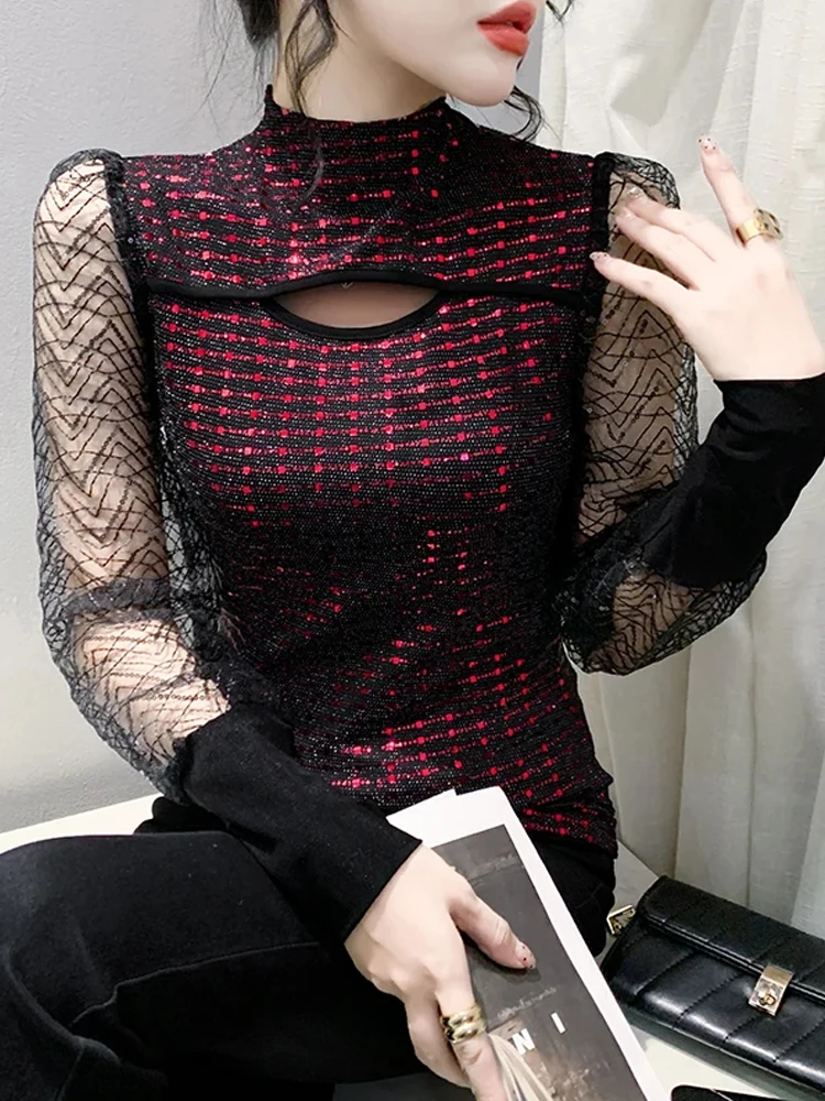 

Winsleter Elegant Basic Tshirt Long Sleeve Elastic Tee Winter Women Sexy Mock Neck Sequin Lace Patchwork Slim Tops T3N202JC