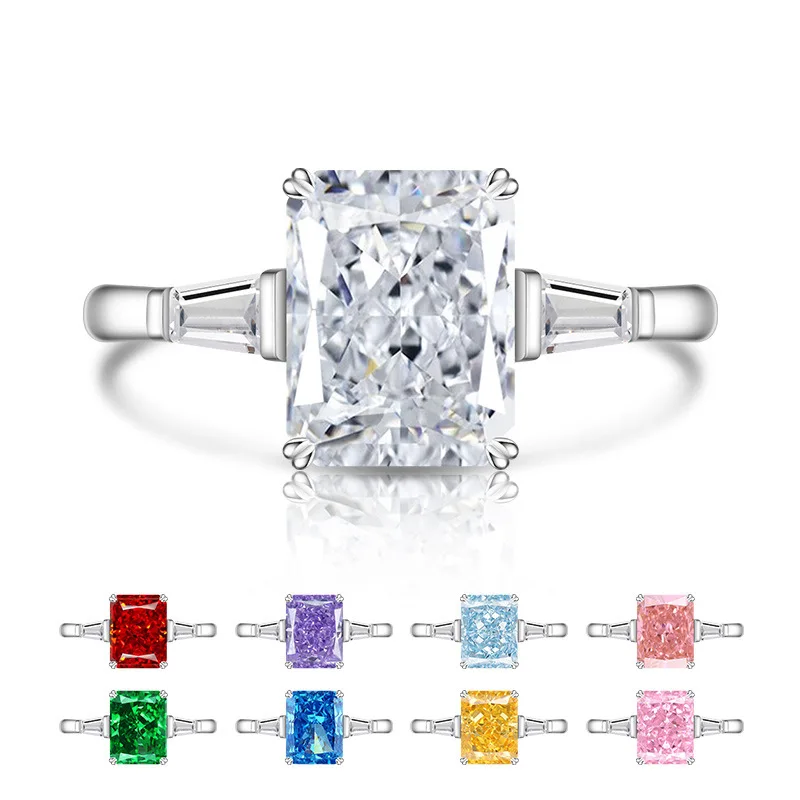

925 Sterling Silver Fire Gorgeous Ice Flower Cut Rectangular Zircon Women's Fashion Simple Engagement Proposal Ring