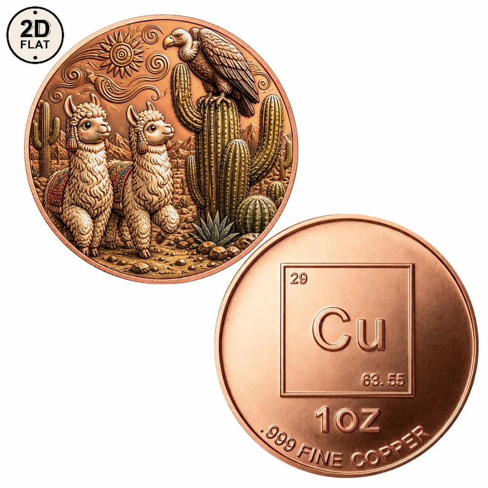 1pc Cute Alpaca 1oz .999 Fine Copper Challenge Coin Desert Saguaro Cactus & Vulture Collectible Medal Present for Nature Fans