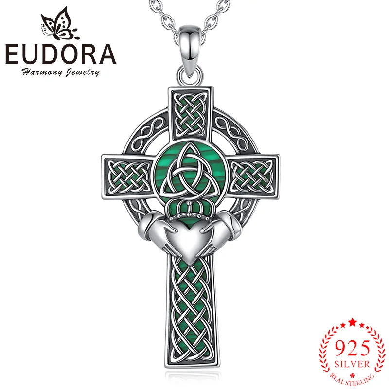 

Eudora 925 Sterling Silver Celtic Claddagh Cross Necklace Malachite Crown Heart Cross Pendant Religious Jewelry for Woman Men