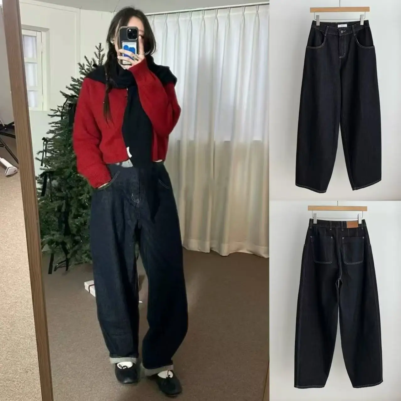 

Ретро Свободный крой с высокой талией Темно-синие повседневные джинсовые брюки Осень 2025 Новый женский простой винтажный вид Воздушный шар J...