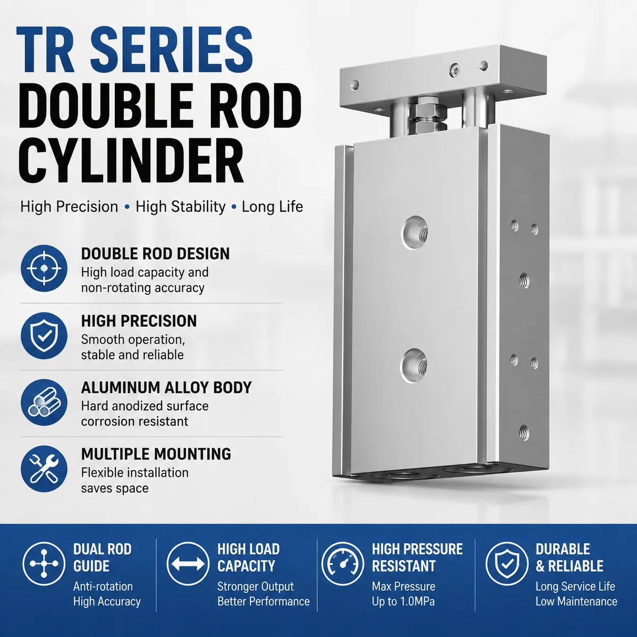 TR Double Rod Pneumatic Cylinder High Precision Anti-Rotation Guided Pneumatic Actuator TR 10 16 20 25 32 Bore 10-100mm stroke