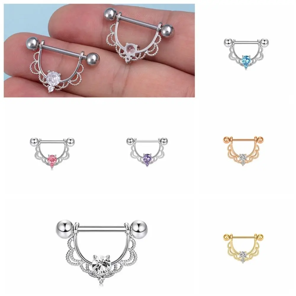 Barbell Zircon U-shaped Nipple Ring Rhinestone Half Round Stainless Steel Geometric Piercing Daily