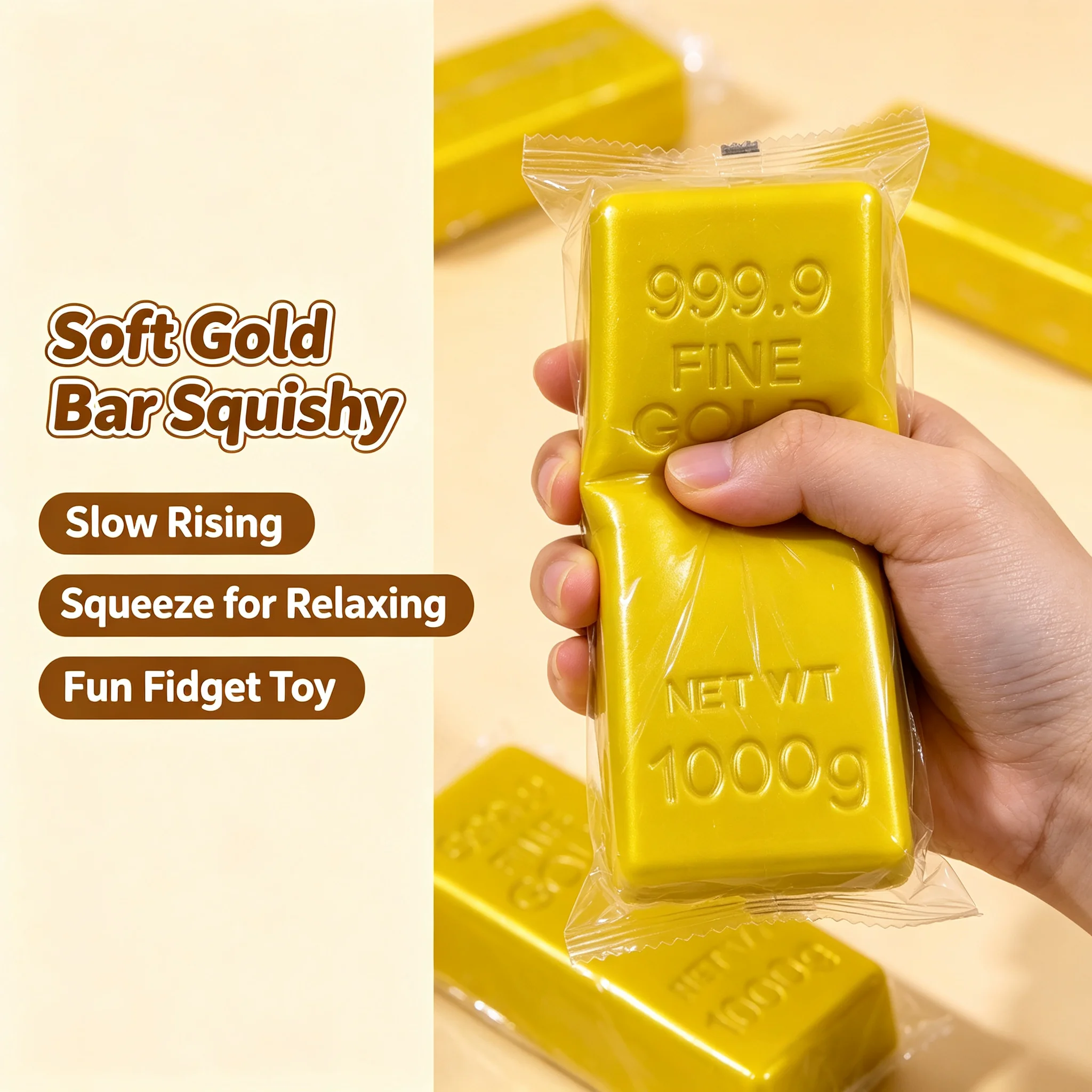 Gold Bar Slow Rising Squishy Toy PU Soft Simulation Gold Brick Stress Relief Fidget Toy Cute Desktop Decoration Gift for Kids