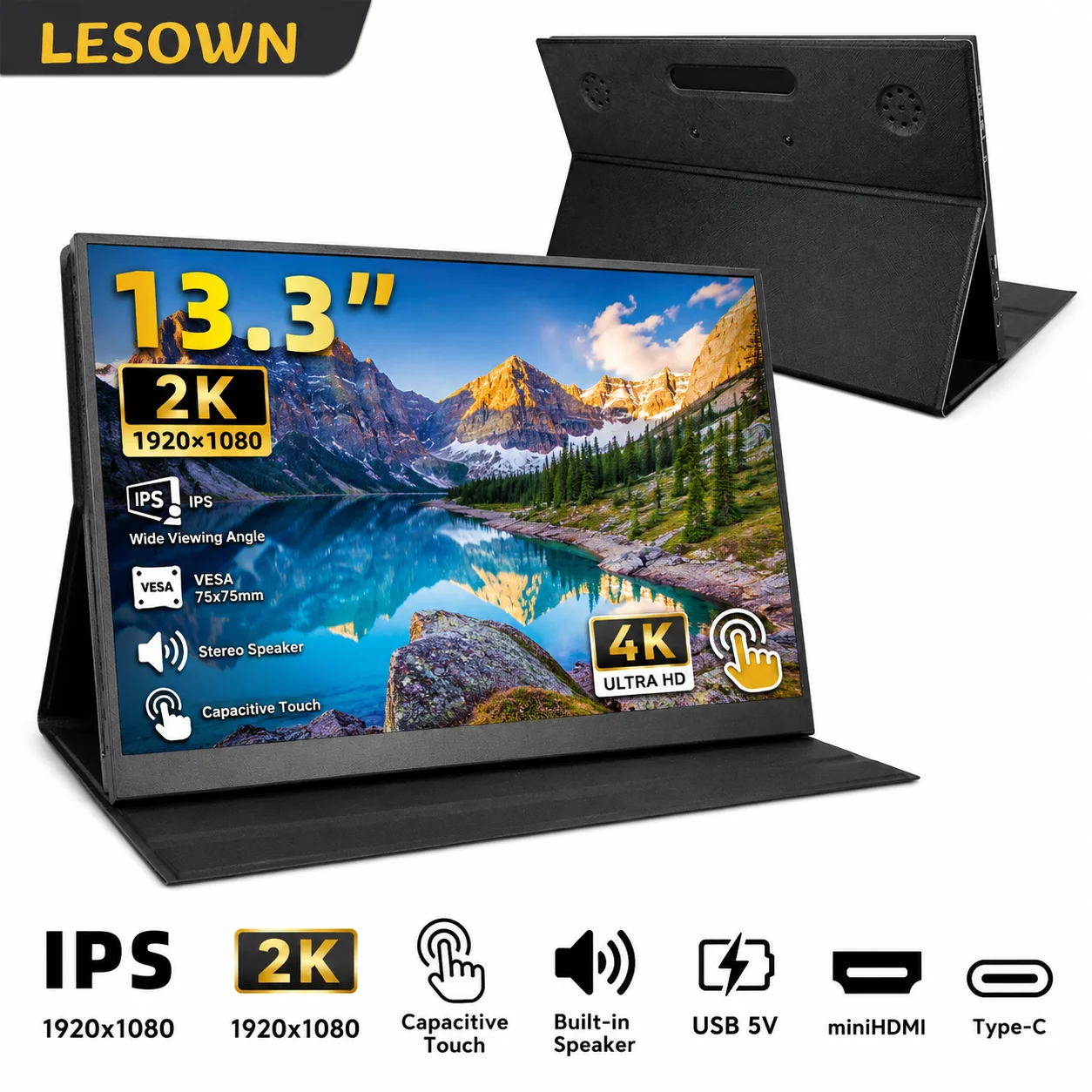 LESOWN 13.3 Inch Touchscreen External Monitor 1080P IPS Plug & Play Mobile Display for Business Travel