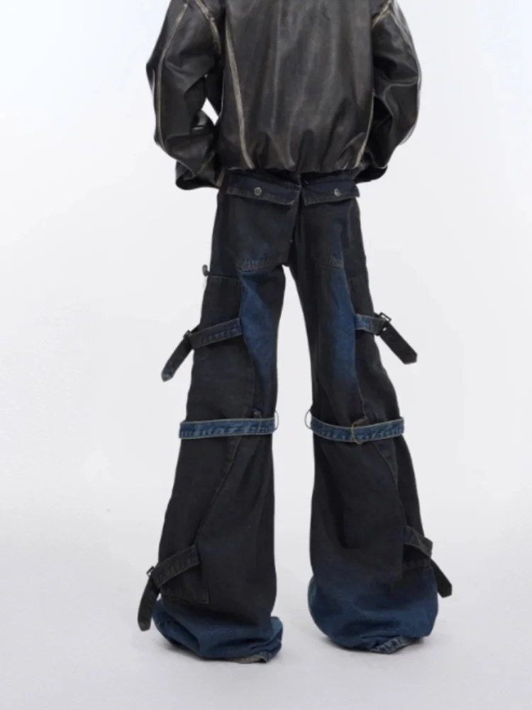 2026 Dark Y2K Streetwear Strap Design Blue Baggy Flare Jeans Pants For Men Clothing Hip Hop Punk Gothic Denim Trousers Vaqueros