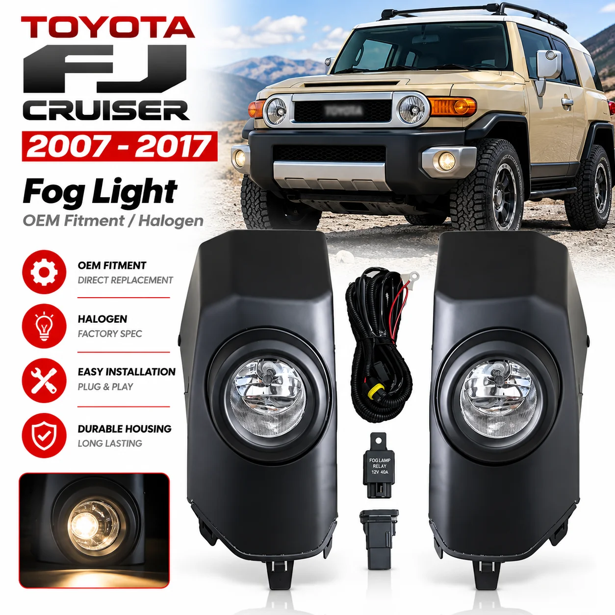 1 Set Fog Light Daytime Running Light Black For Toyota FJ Cruiser 2007 2008 2009 2010 2011 2012 2013 2014 2015 2016 2017