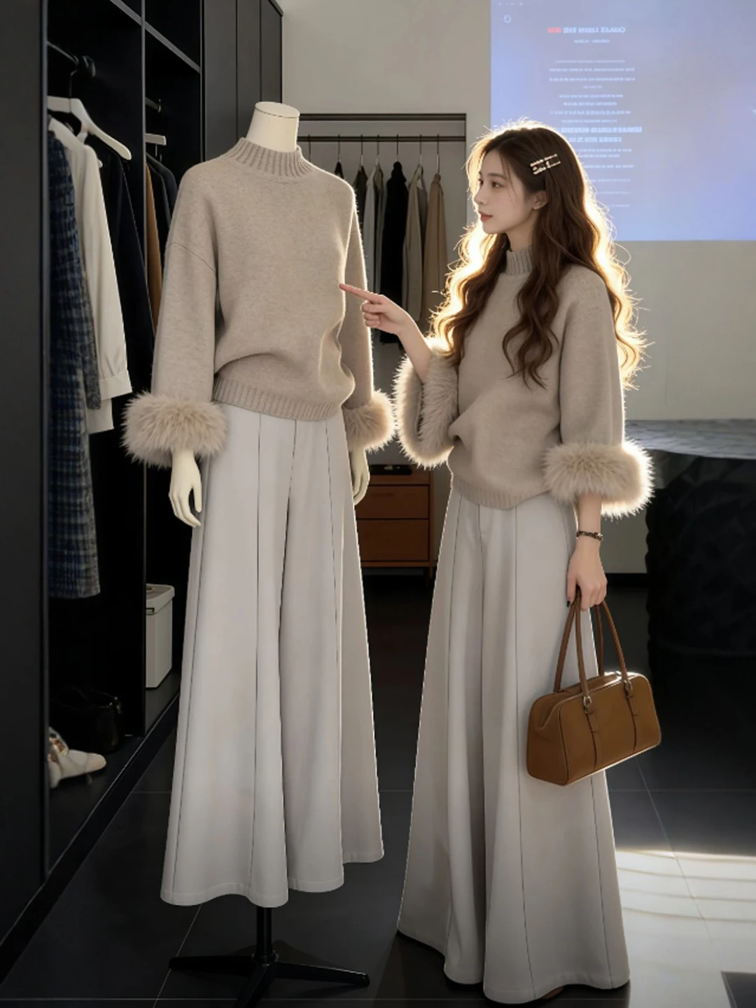 

Комплект из двух предметов: свитер в стиле ретро и повседневные брюки. Удобный весенний наряд из смесового хлопка с высокой талией.