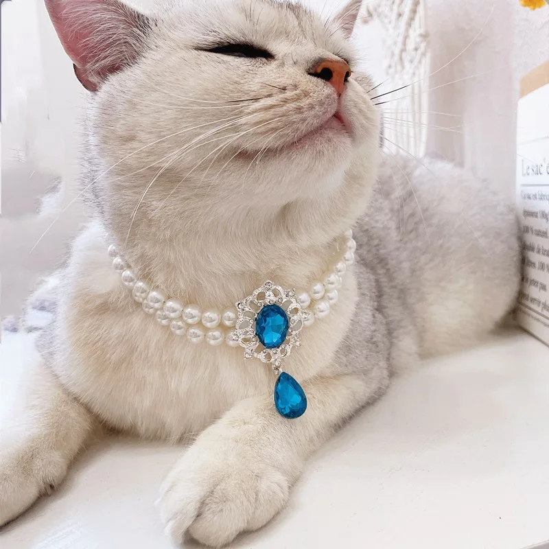 

2-Row Pearls Collar for Cats, Luxury Puppy Jewelry, Pet Dog Necklace, Diamond Zircon, Adjustable for Small Dogs