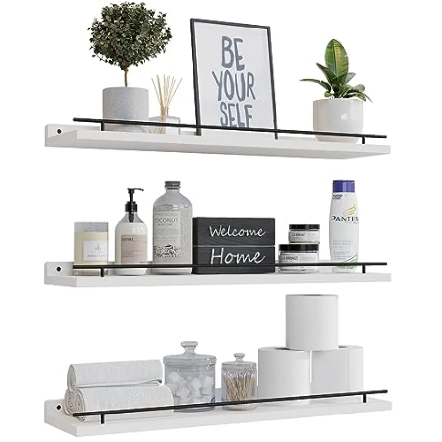 

Floatg Shelves 24 ch with Metal Guardrail, Shelves for Wall Decor Set of 3, Wall Shelves for Bedroom, Bathroom, Kitchen, Living