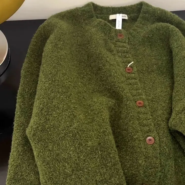 

Retro Green Knitted Cardigan Women's New Autumn/Winter Round Neck Single Breasted Soft Thick Sweater Loose Casual Commuting Coat