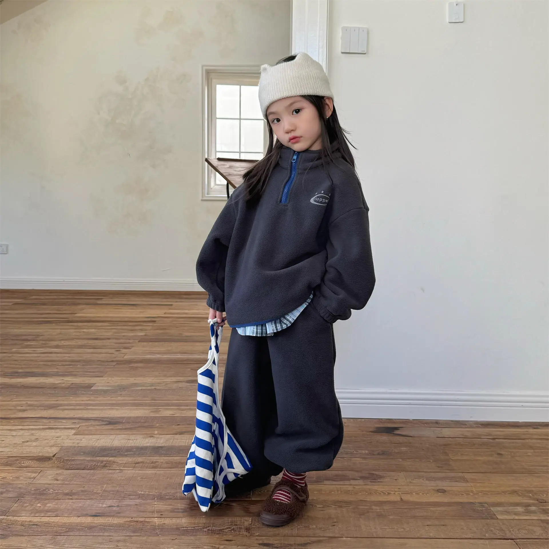 Children's Clothes Sets 2025 Autumn Winter Korean Baby Girls Sports Suit Polar Fleece Sweatshirts+Pants 2Pcs Kids Boys Tracksuit