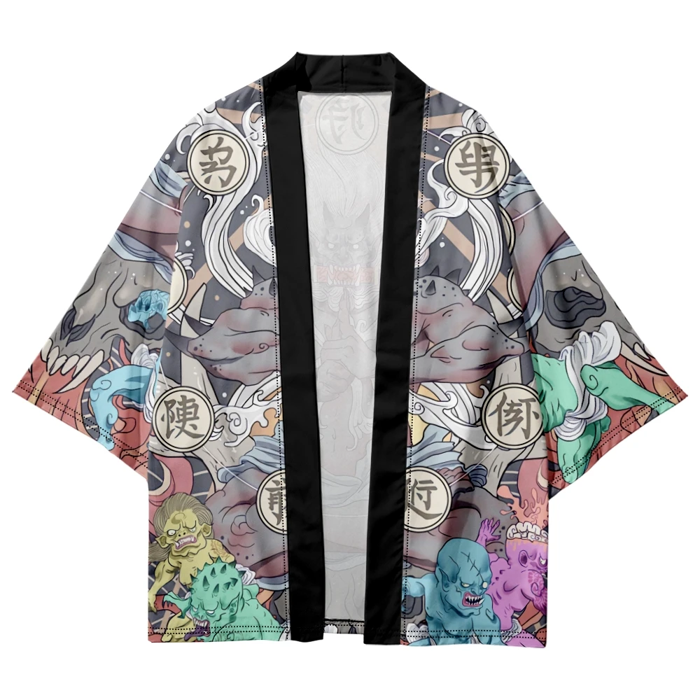 Japanese Style Anime Demon Print Traditional Kimono Men Yukata Cardigan Shirts Cosplay Haori Oversized Streetwear Tops