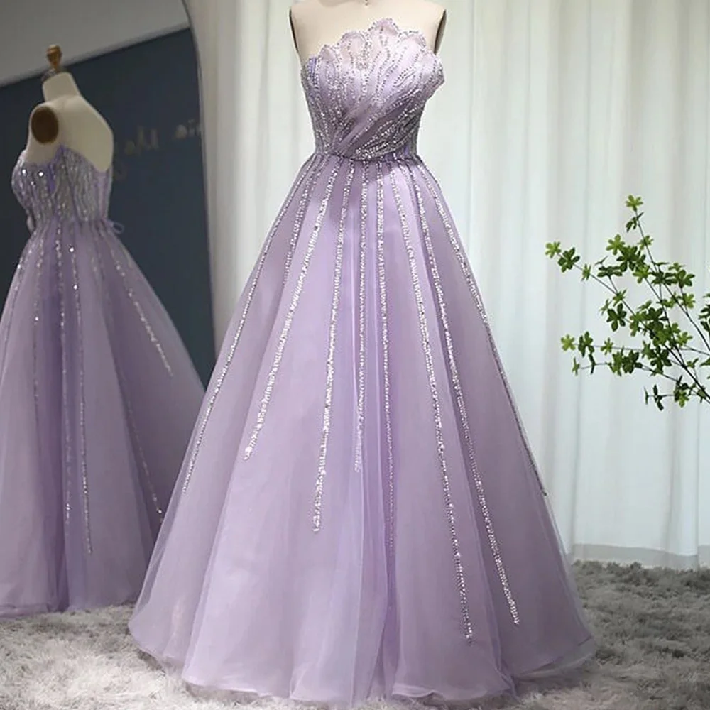 

Lace Up Back Sequined Beading Pearls Sweep Train Sleeveless Tulle Floor Length A-Line Exquisite and High Quality Evening Dress