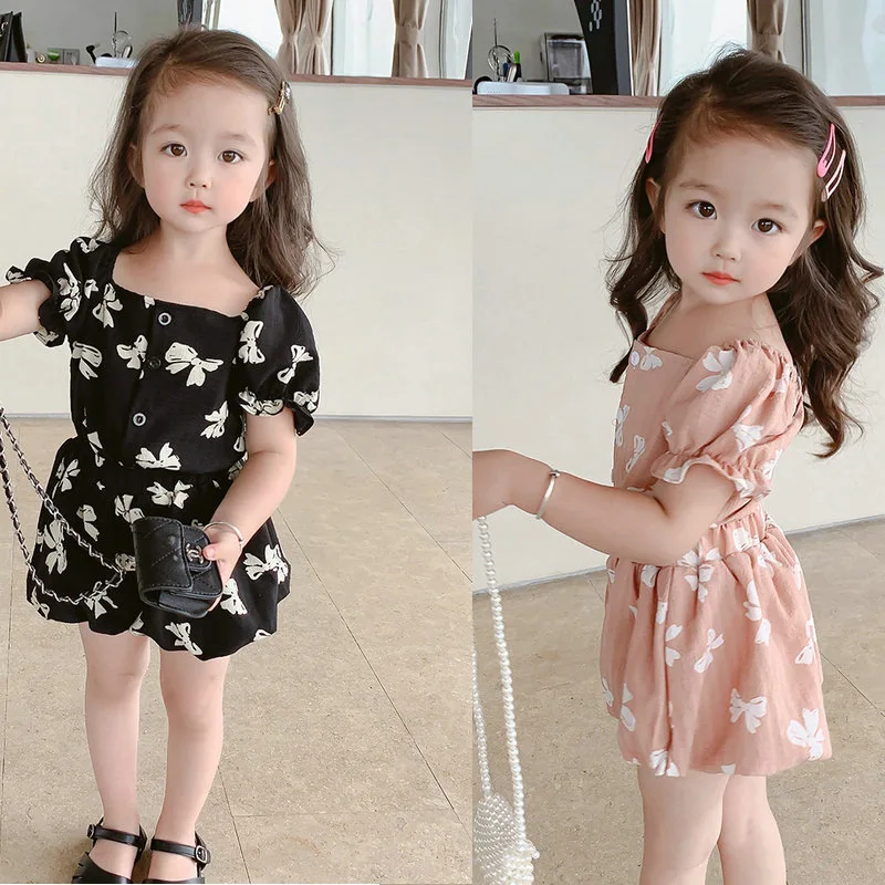 Girls' Set Bowknot Square Neck Top with Shorts25Summer New Foreign Trade Children's Wear Delivery