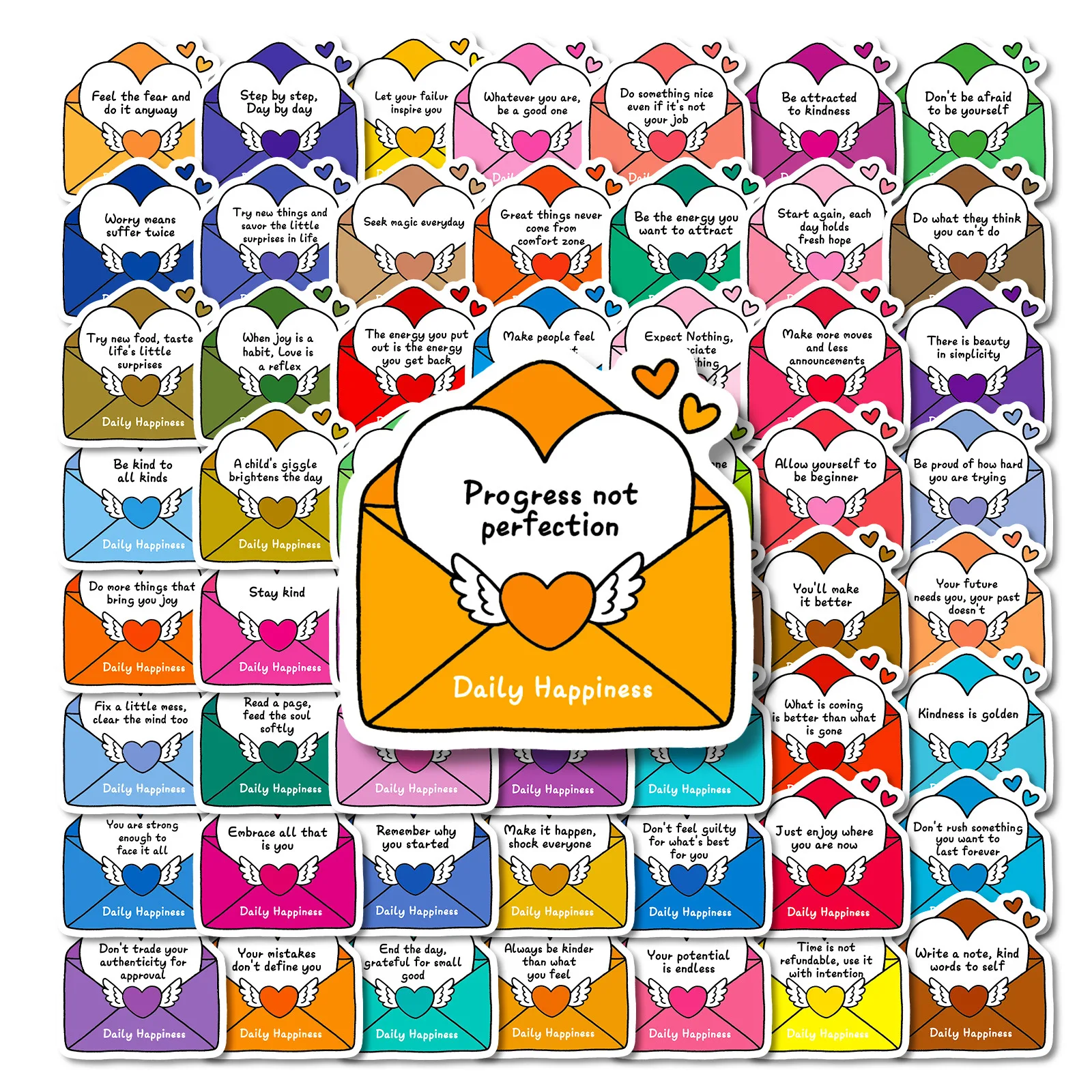 56PCS Cartoon Happy Daily Envelope Text Sticker DIY Decoration Mobile Phone Case Water Cup Skateboard Notebook Toy Gift Sticker