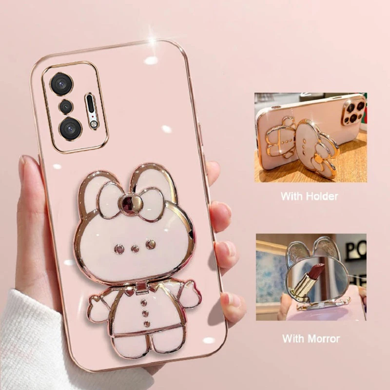 

Luxury Plating Square TPU Glossy Phone Case On For Xiaomi Mi 11T Pro 11 T Cute Stand Mirror Rabbit Soft Silicone Back Cover