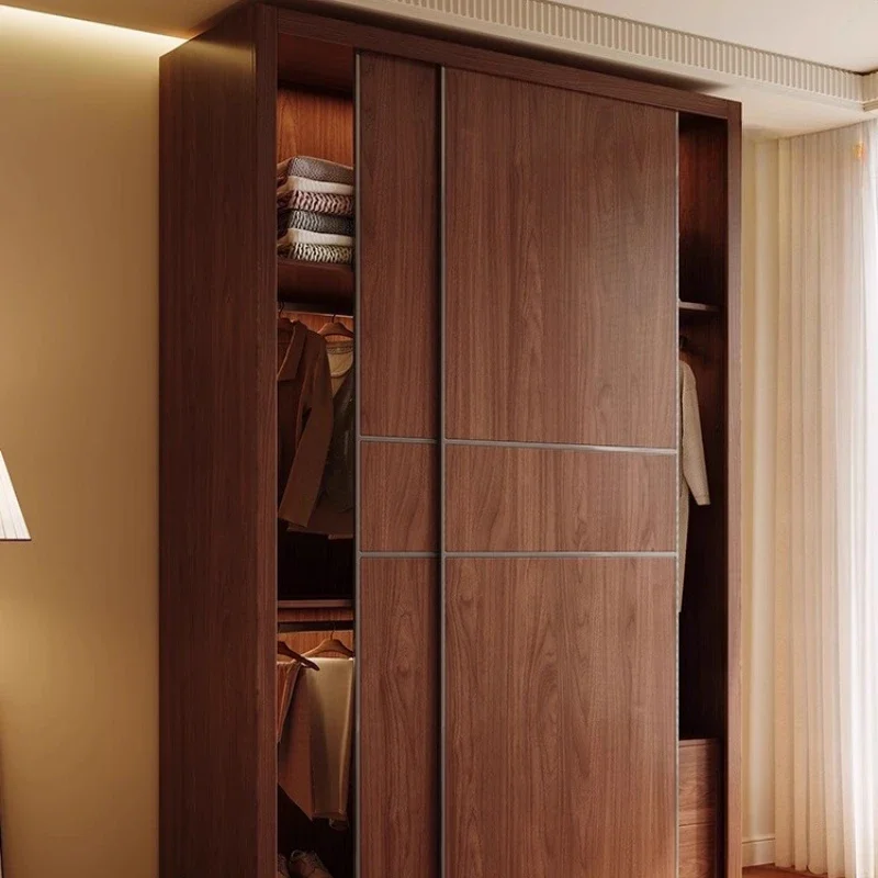Solid wood ENF grade oak wardrobe household bedroom walnut Nordic log small apartment 3 doors to the top large wardrobe