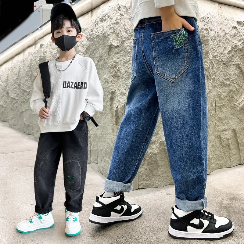 4-14Y Boys Baggy Straight Jeans Children Denim Long Pants Spring Autumn Wear Kids Casual Trousers Teens Elastic Waist Bottoms