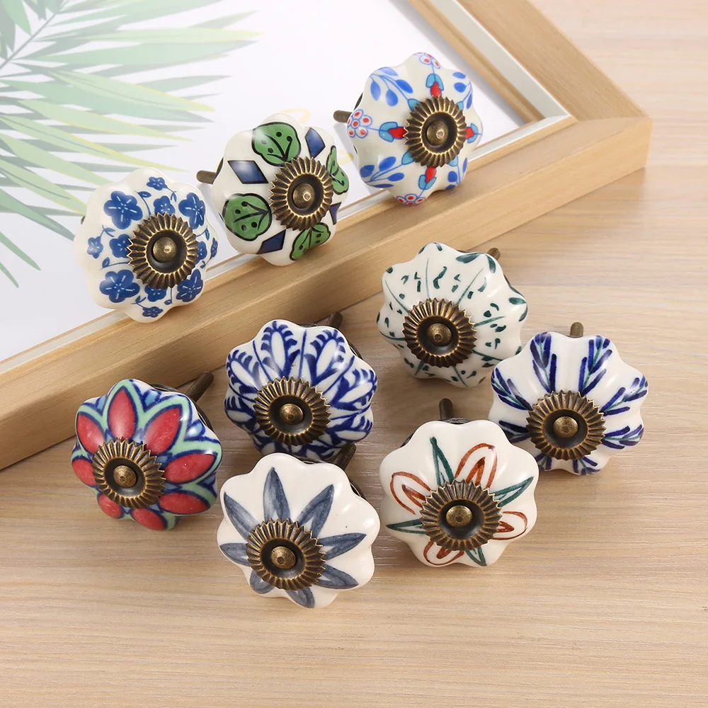 WV 2PCS Antique-Style Ceramic Handle European Printed Tea Canister Cabinet Door Classical Design Kitchen Storage Solution