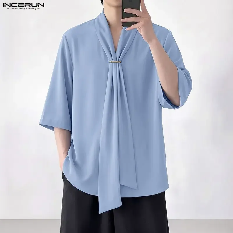 INCERUN Men's Shirts Solid Color V Neck Half Sleeve Loose Men Clothes Summer Streetwear Korean Style Shirts Fashion Casual Tops
