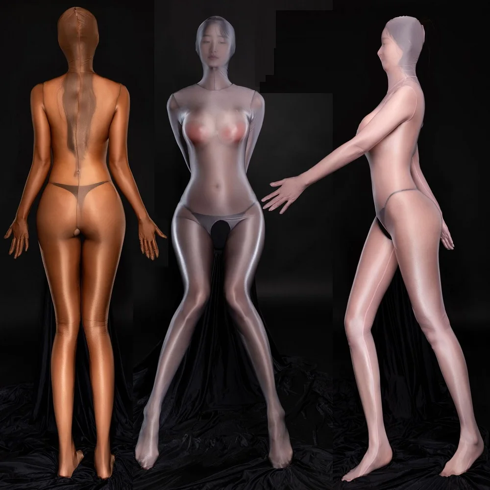 Full Cover Women's Jumpsuit Oil Glossy Sheer Elastic Dance Unitard Exotic Tights Open Crotch Bodysuit With Five Finger Leotard
