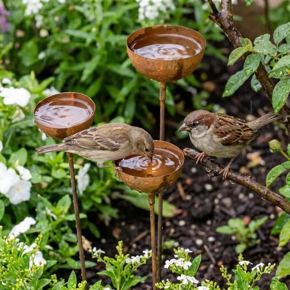 3-Tier Bowl Metal Bird Bath Long Stem Decorative Rusty Bird Feeder Vintage Weathered Garden Stake Rain Collectors Outdoor Garden