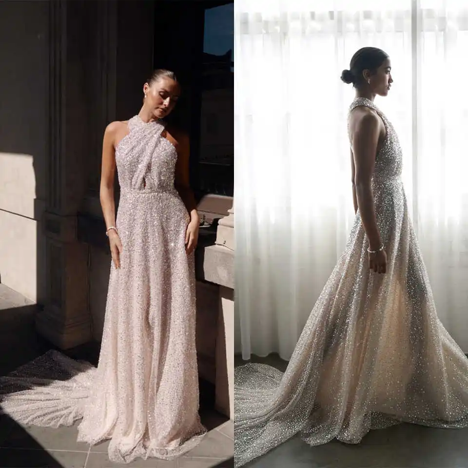 Unikalne suknie ślubne Linia A Halter Cekiny Bez rękawów Bez pleców Do Podłogi Panna Młoda Vestido De Noiva Dostosowane