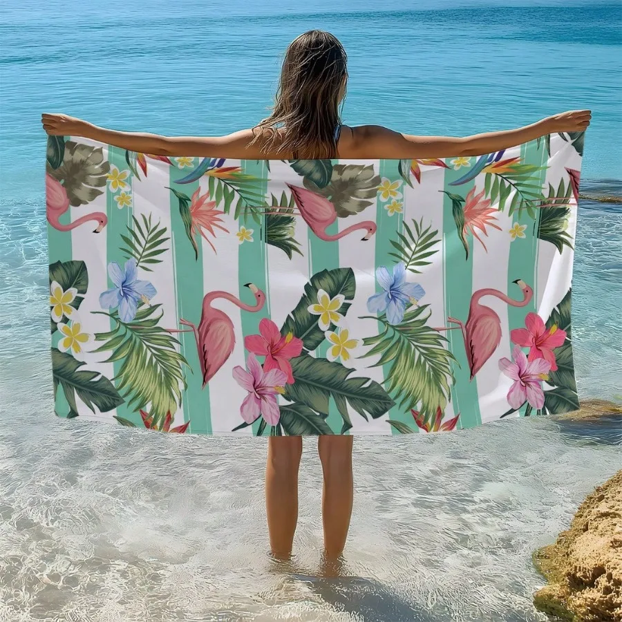 

1 Flamingo and Tropical Floral Printed Beach Towel with Single-sided Printing, Fast Drying Ultra Soft Fiber Beach Towel