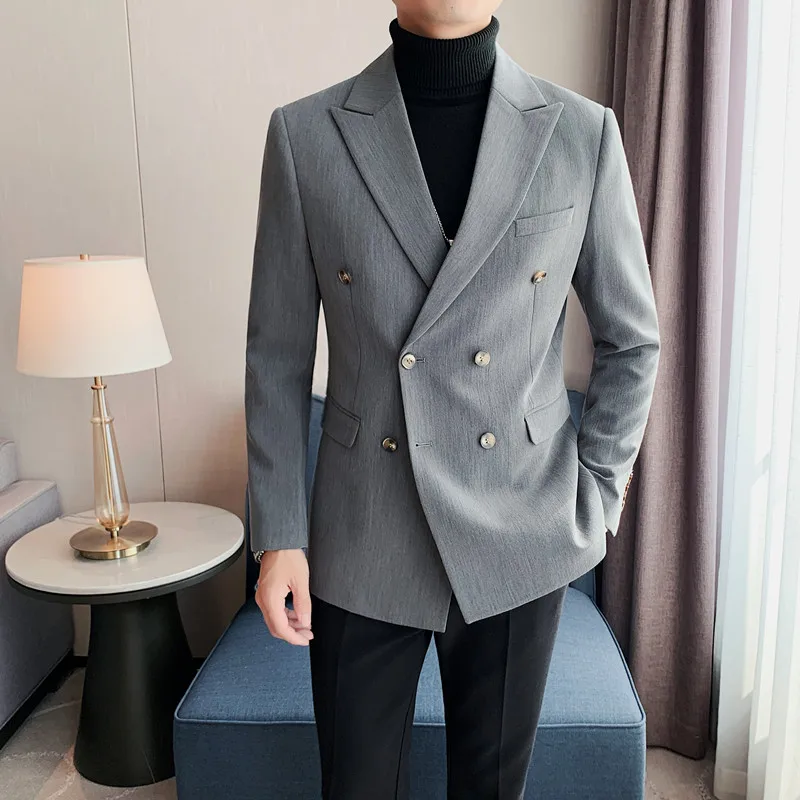 British Style Double-breasted Men Blazers Slim Wedding Business Casual Suit Jacket Houndstooth Street Wear Social Dress Coat