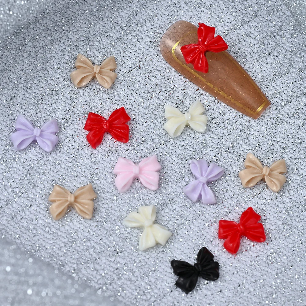 100Pcs Pink White Ribbon Bow Nail Charms 3D Resin Cream Color Bowknot Rhinestone Kawaii Korean Nail Supplies Manicure Design