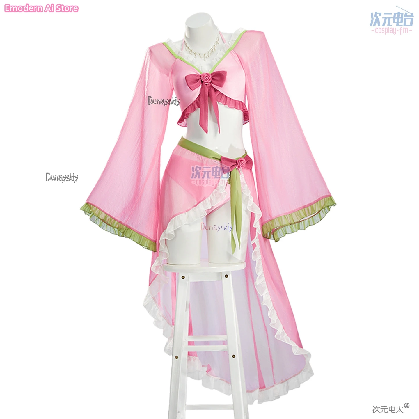 Mao-mao Swimsuit Cosplay コスプレ Pink Sheer Chiffon Outfit With Bow And Pearl Necklace Halloween Anime Outfit