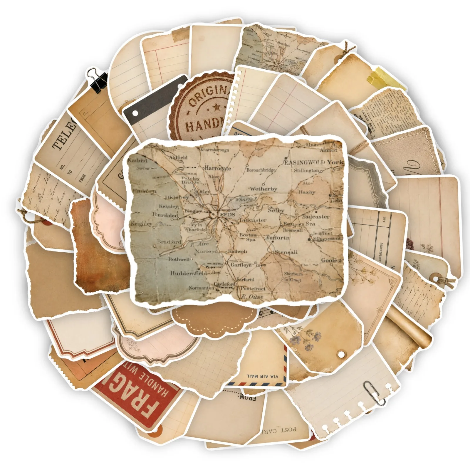 10/30/50PCS Vintage Aged Paper Junk Journal Stickers Torn Manuscript Ticket Postcard Vinyl Decal for Laptop Luggage DIY Sticker