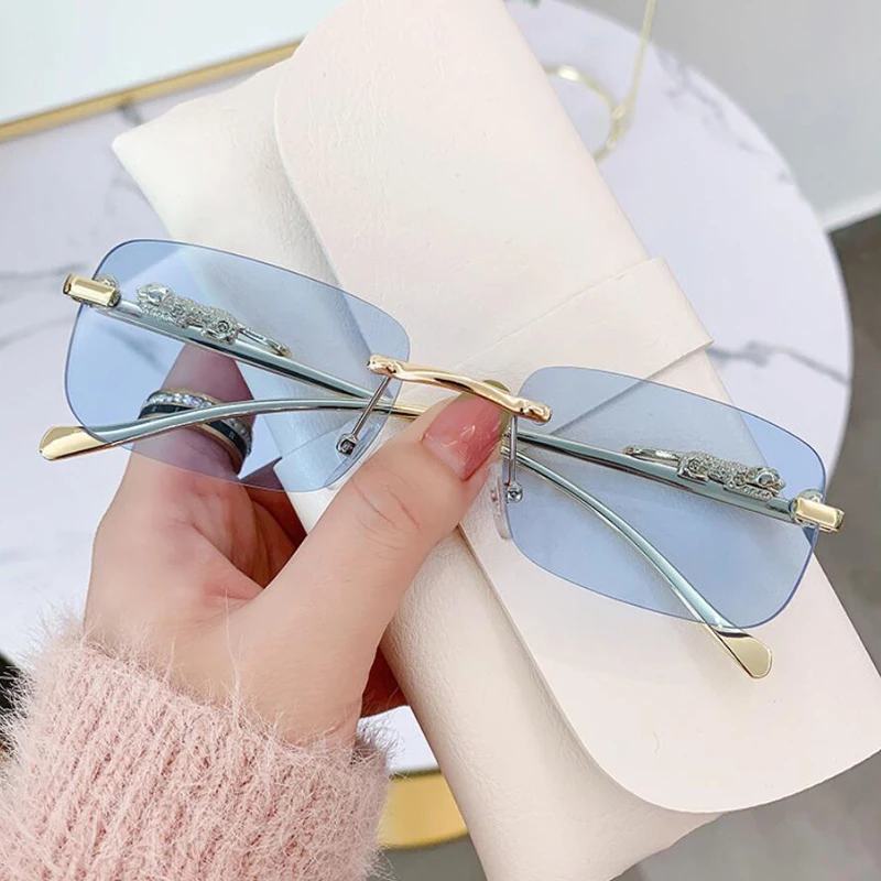 Radfahren Leopard Dekoration Randlose Quadratische Sonnenbrille Frauen Mode Bunte Rahmenlose Shades Luxus Marke Weibliche UV400